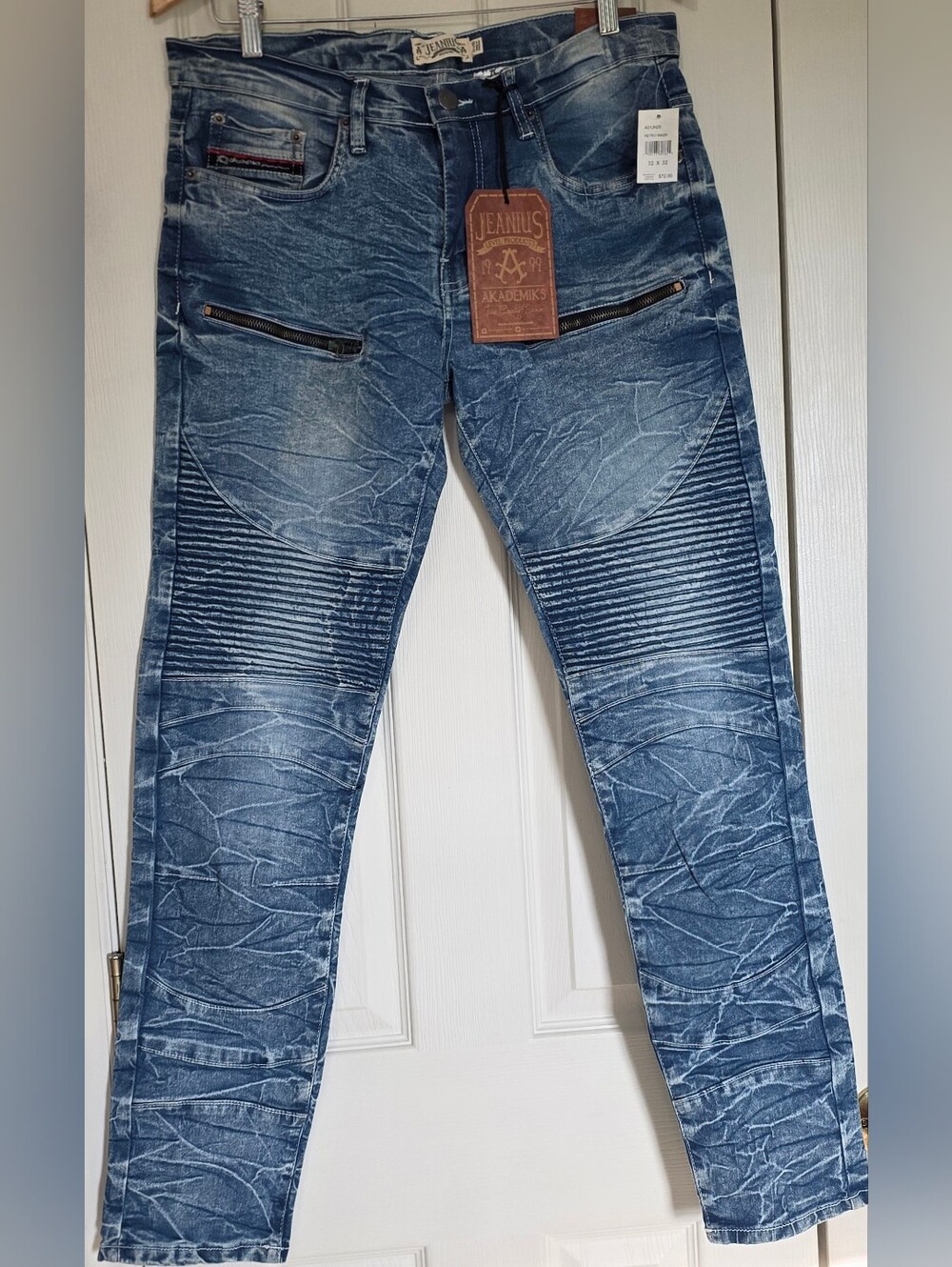 NWT Jeanius Akademiks Men's Y2K Acid Wash Blue Moto Jeans